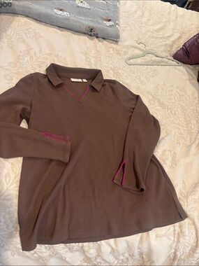 Belle by Kim Gravel Brown Waffle Knit Top with Pink Stitching